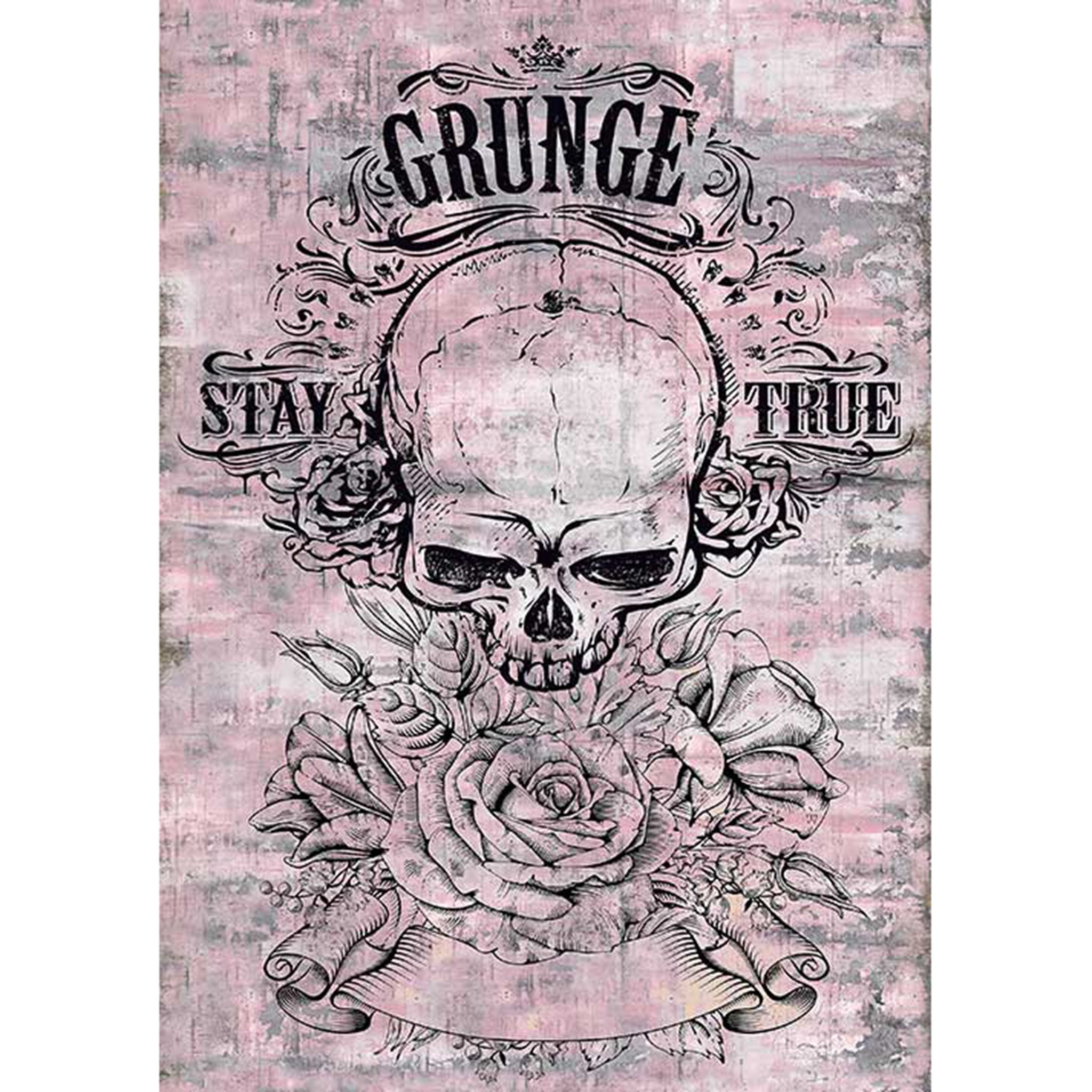 Rice paper featuring a gray and pink design of a skull and rose motif with the words "Grunge Stay True," for a punk rock vibe. White borders are on the sides.