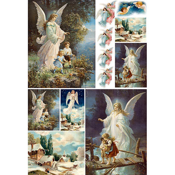 Rice paper featuring 12 varying sizes of guardian angels and winter cottages.