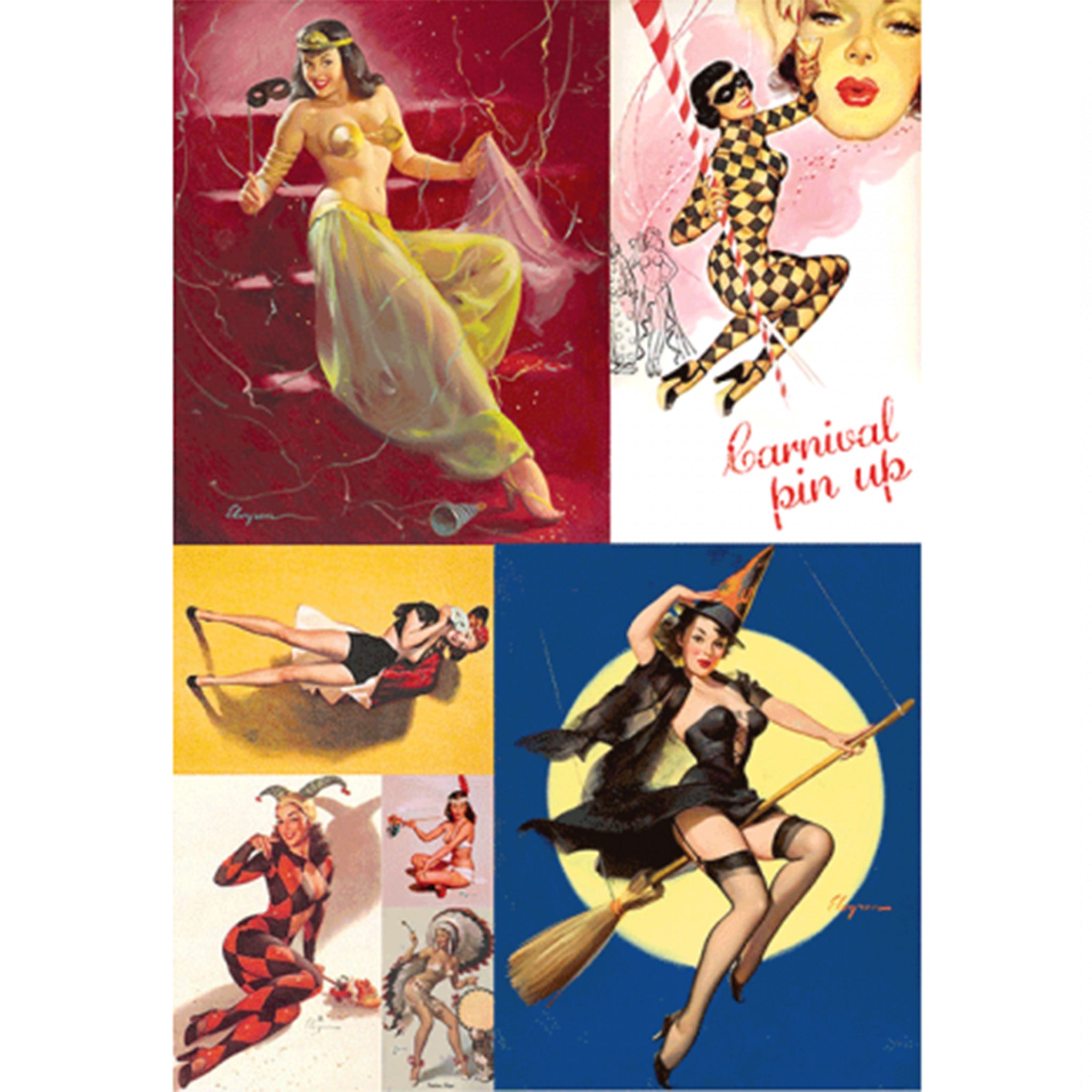 Rice paper featuring quirky pinup girls in witch, jester, genie, and other vintage style costumes. White borders are on the sides.