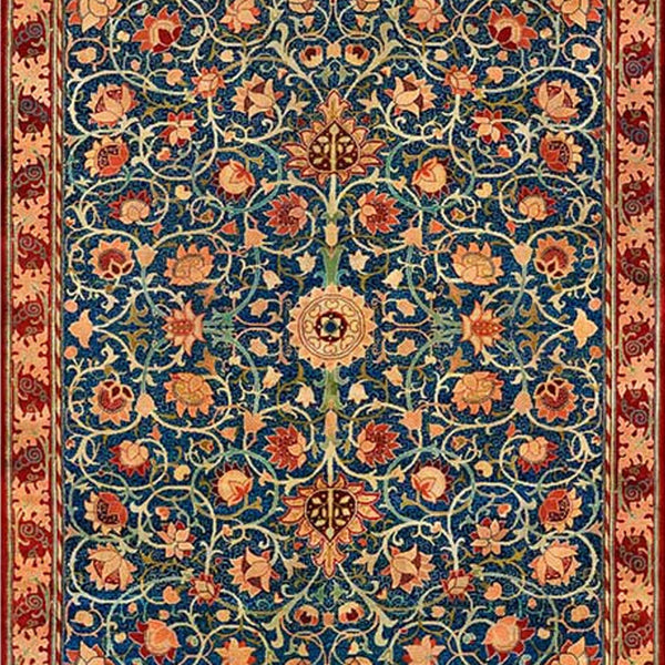 A2 rice paper design of a vintage carpet of reds and blues and features a repeating floral pattern.