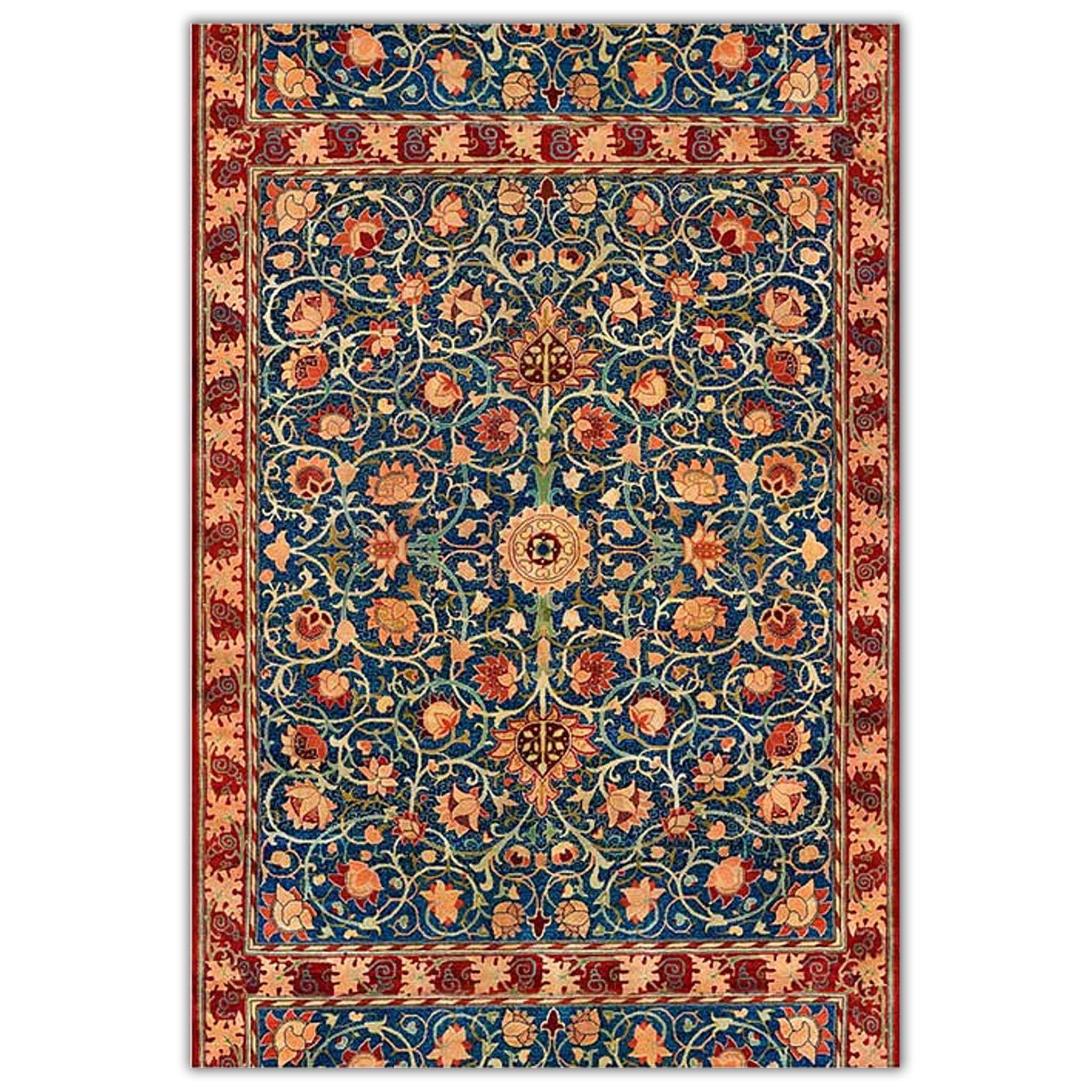 A0 rice paper design of a vintage carpet of reds and blues and features a repeating floral pattern. White borders on the sides.
