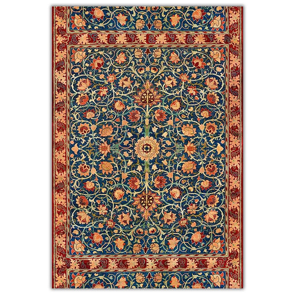 A2 rice paper design of a vintage carpet of reds and blues and features a repeating floral pattern. White borders on the sides.