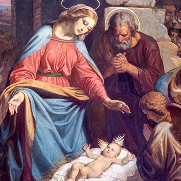 Close-up of a rice paper featuring Mary, Joseph, and the baby Jesus in a manger.