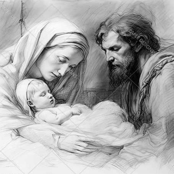 Close-up of a rice paper featuring a charming black and white sketch of Mary, baby Jesus, and Joseph.
