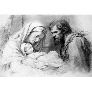 Rice paper featuring a charming black and white sketch of Mary, baby Jesus, and Joseph.