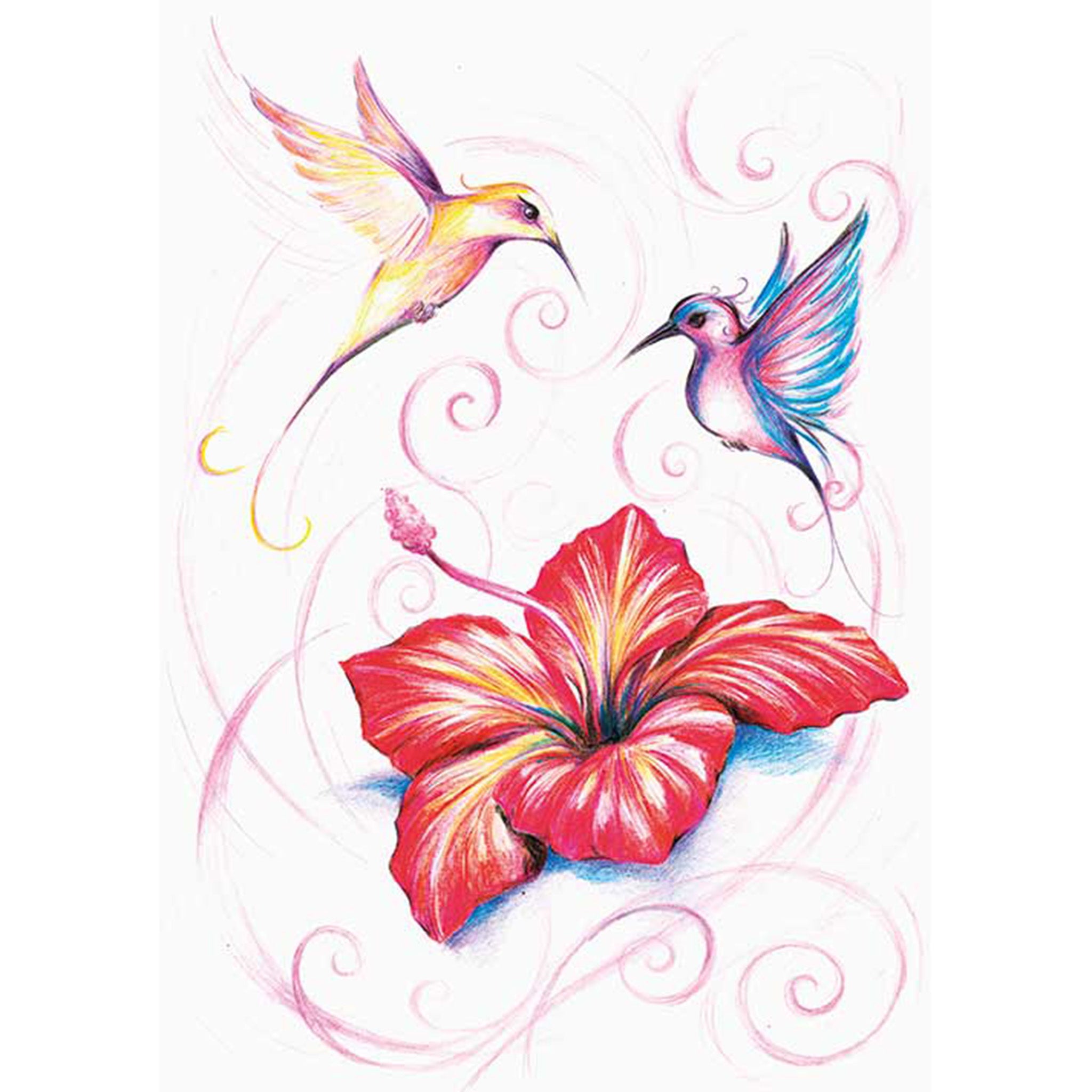 Rice paper featuring a colorful drawing of two hummingbirds gracefully hover over a beautiful hibiscus flower. White borders are on the sides.