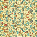 Close-up of a rice paper featuring a vintage design of a soft yellow background adorned with a whimsical arrangement of blue, green, mustard, and rust flowers.