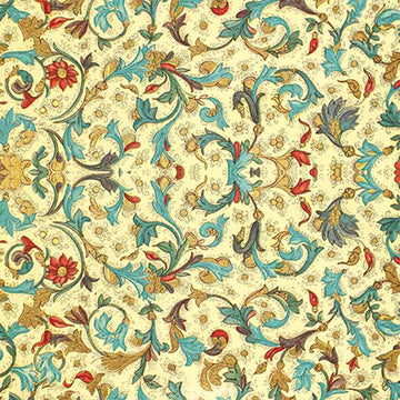 Close-up of a rice paper featuring a vintage design of a soft yellow background adorned with a whimsical arrangement of blue, green, mustard, and rust flowers.