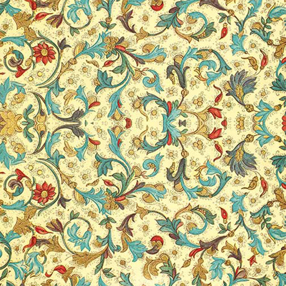 Close-up of a rice paper featuring a vintage design of a soft yellow background adorned with a whimsical arrangement of blue, green, mustard, and rust flowers.