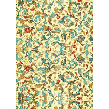 Rice paper featuring a vintage design of a soft yellow background adorned with a whimsical arrangement of blue, green, mustard, and rust flowers.