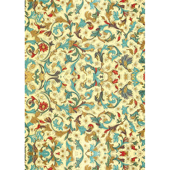 Rice paper featuring a vintage design of a soft yellow background adorned with a whimsical arrangement of blue, green, mustard, and rust flowers.