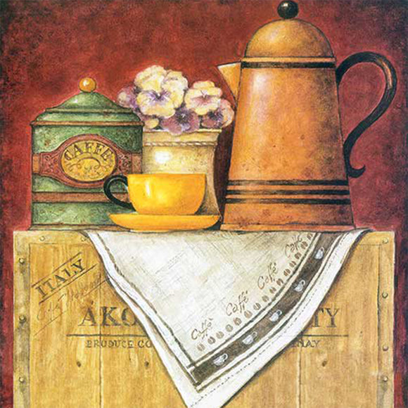 Close-up of a rice paper featuring a colorful drawing of a charming metal carafe, tea cup, canister, and a lovely vase of flowers sitting atop a crate.