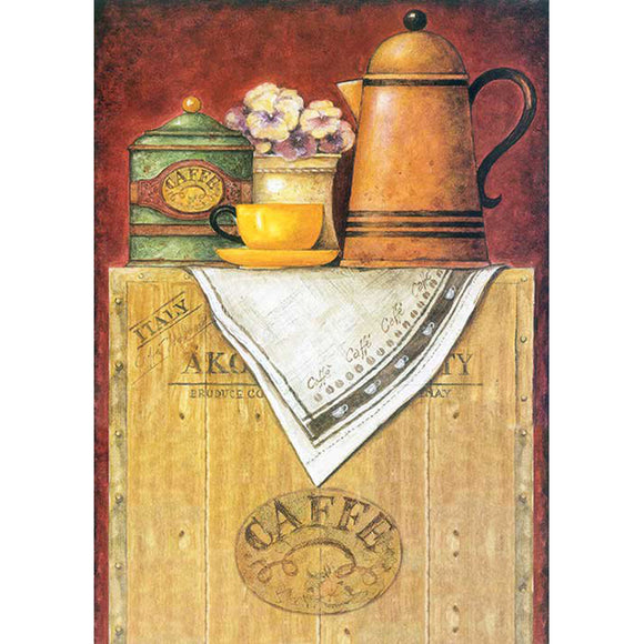 Rice paper featuring a colorful drawing of a charming metal carafe, tea cup, canister, and a lovely vase of flowers sitting atop a crate.