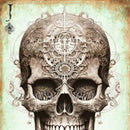 Close-up of 'Jack of Gears' decoupage paper by Paper Designs Italy, showing a skull adorned with intricate mechanical gears, clockwork elements, and ornamental patterns. The design features a weathered green and tan background with a distressed border.