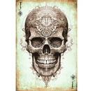 Full view of 'Jack of Gears' decoupage paper from Paper Designs Italy, featuring a steampunk-inspired skull with symmetrical gear and compass designs. Set on a faded green parchment-style background with 'J' and spade symbols in the corners.