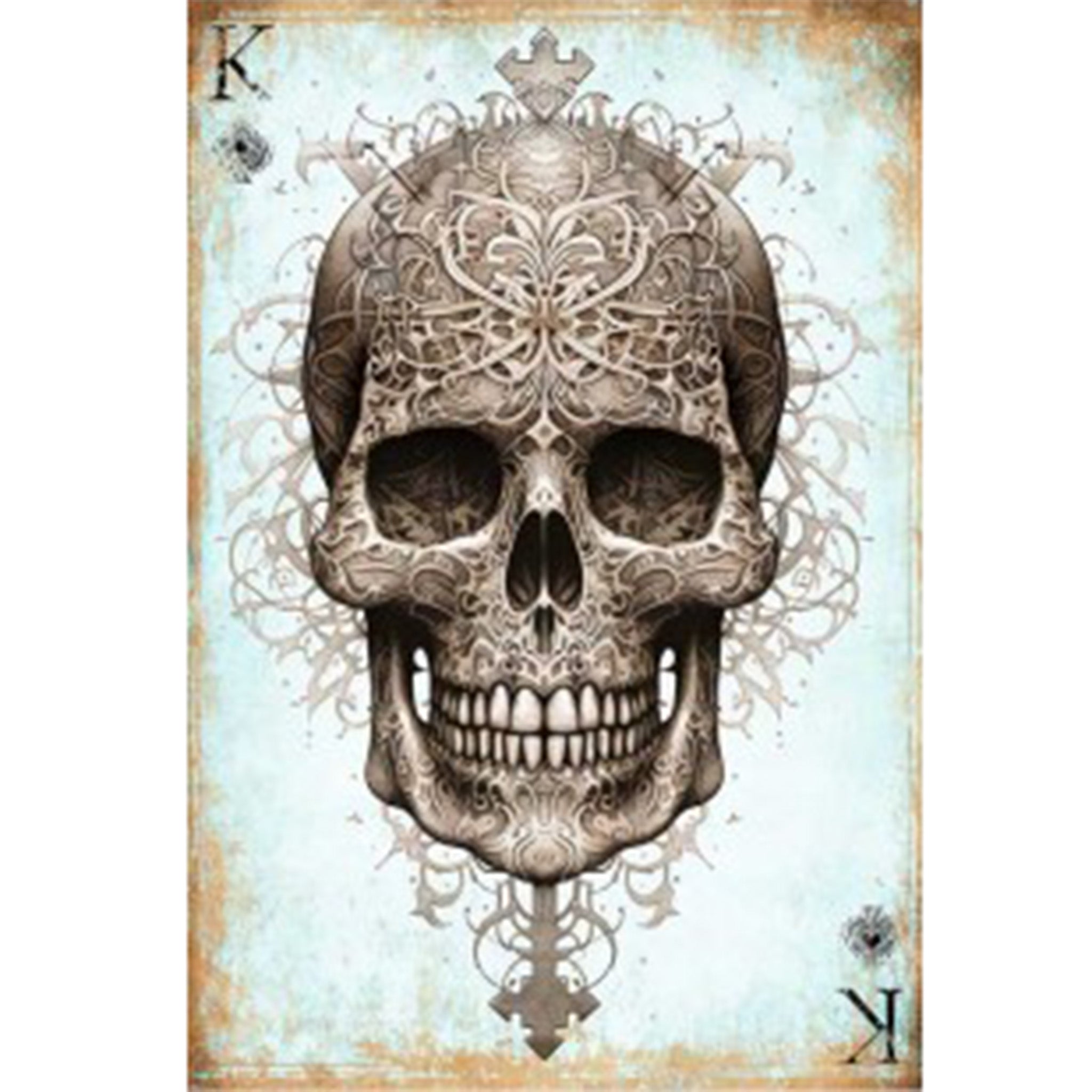 Full sheet of 'King of Skulls' decoupage paper from Paper Designs Italy, displaying an elaborately decorated skull with filigree patterns and crown elements. Set against a vintage, blue-weathered background with 'K' and spade symbols in the corners.