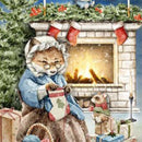 Close-up of 'Knitted With Love' decoupage paper by Paper Designs Italy, featuring a charming fox in a bonnet knitting a Christmas stocking by a glowing fireplace. Surrounded by holiday decorations, wrapped gifts, and a bunny wearing a scarf.