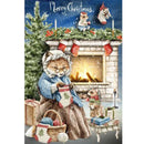 Full sheet of 'Knitted With Love' decoupage paper from Paper Designs Italy, showing a festive woodland Christmas scene with a fox knitting by the fire, stockings on the mantle, presents under a tree, and the words 'Merry Christmas' written above.