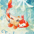 Close-up of a rice paper featuring a stunning orange and white koi fish swimming in a serene blue background with the Japanese symbol for "Water" and the English word "Water" below.