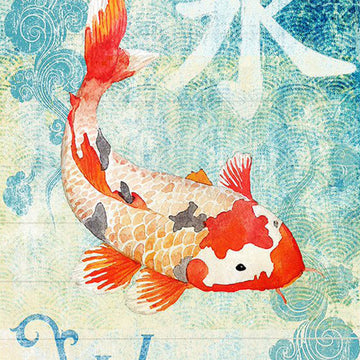 Close-up of a rice paper featuring a stunning orange and white koi fish swimming in a serene blue background with the Japanese symbol for "Water" and the English word "Water" below.