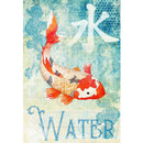 Rice paper featuring a stunning orange and white koi fish swimming in a serene blue background with the Japanese symbol for "Water" and the English word "Water" below.