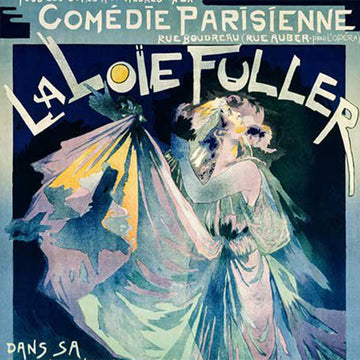 Close-up of a rice paper featuring a playful painting of a woman in a flowing blue dress from a classic French poster.