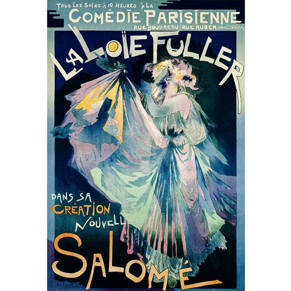 Rice paper featuring a playful painting of a woman in a flowing blue dress from a classic French poster.