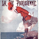 Close-up of a rice paper featuring a vintage stylish woman in red looking down an ocean cliff and French script at the top that reads "La Vie Parisienne".