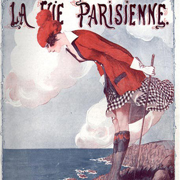Close-up of a rice paper featuring a vintage stylish woman in red looking down an ocean cliff and French script at the top that reads "La Vie Parisienne".