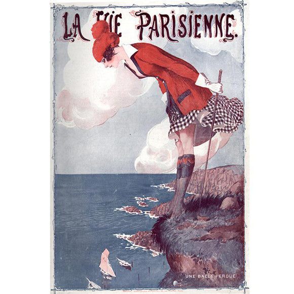 Rice paper featuring a vintage stylish woman in red looking down an ocean cliff and French script at the top that reads "La Vie Parisienne".