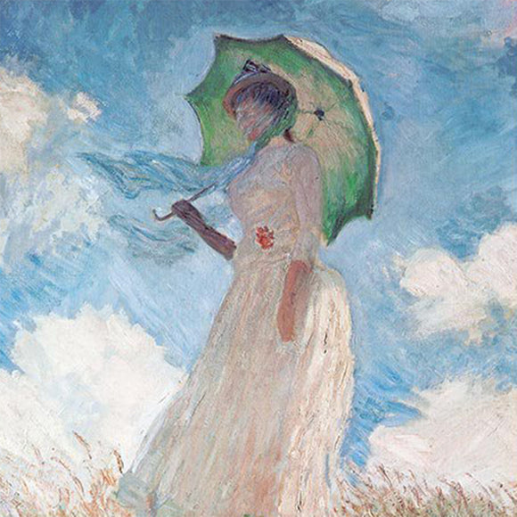 Close-up of a rice paper featuring a painting of a lovely woman in a white dress holding a parasol in a field against a blue sky. 