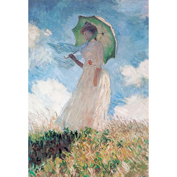 Rice paper featuring a painting of a lovely woman in a white dress holding a parasol in a field against a blue sky. 