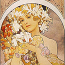 Close-up of a rice paper featuring a vintage design of a woman posing under an archway with a floral crown and holding a matching floral bouquet.