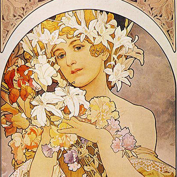 Close-up of a rice paper featuring a vintage design of a woman posing under an archway with a floral crown and holding a matching floral bouquet.