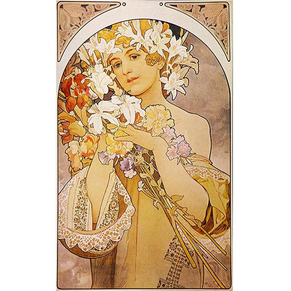 Rice paper featuring a vintage design of a woman posing under an archway with a floral crown and holding a matching floral bouquet.