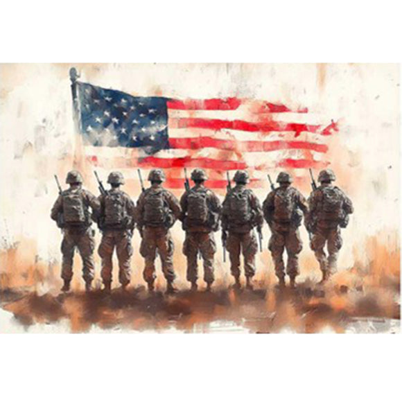 Rice paper design featuring a row of uniformed soldiers facing the American flag. White borders are on the top and bottom.