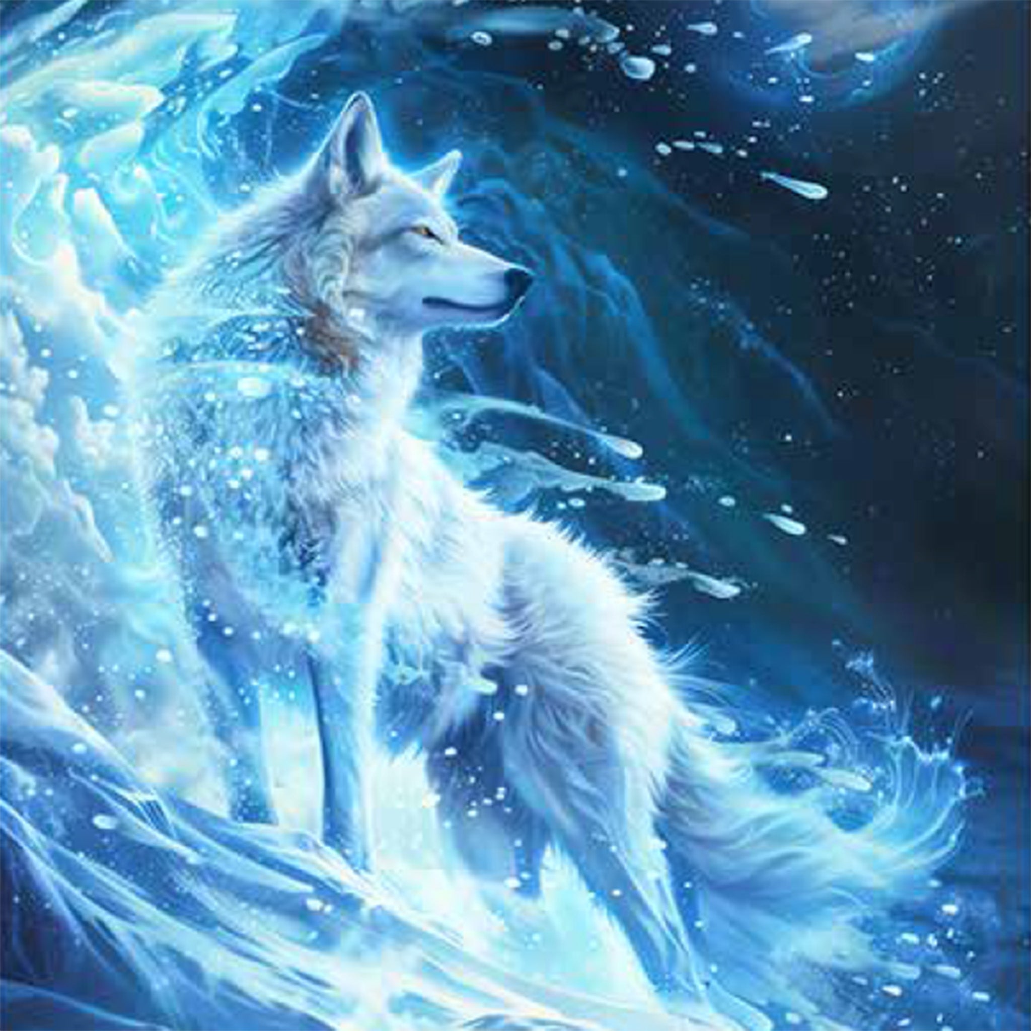 Close-up of a rice paper design featuring a dream-like image of a wolf on an icy mountain side.