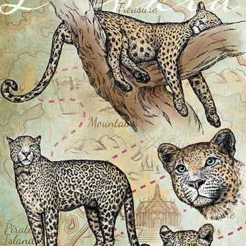 Close-up of a rice paper featuring drawings of leopards against a vintage map.