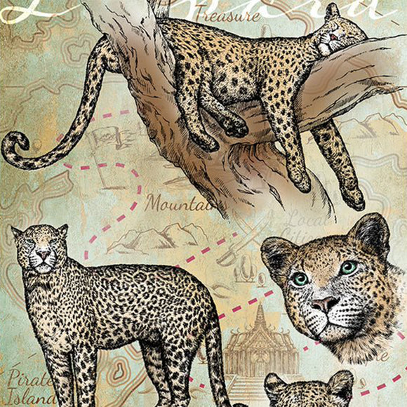 Close-up of a rice paper featuring drawings of leopards against a vintage map.