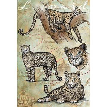 Rice paper featuring drawings of leopards against a vintage map.