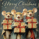 Close-up of a rice paper featuring a playful scene of 3 mice delivering holiday gifts under the words "Merry Christmas".