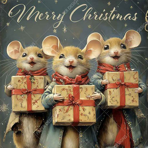 Close-up of a rice paper featuring a playful scene of 3 mice delivering holiday gifts under the words "Merry Christmas".