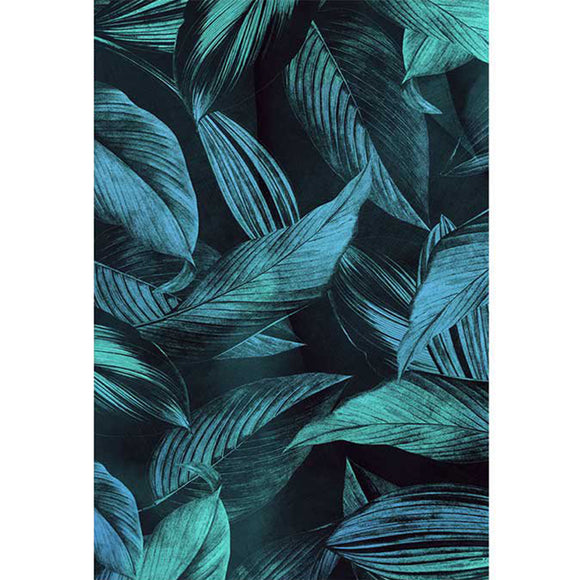 Rice paper featuring glowing blue green tropical leaves against a sleek black backdrop.