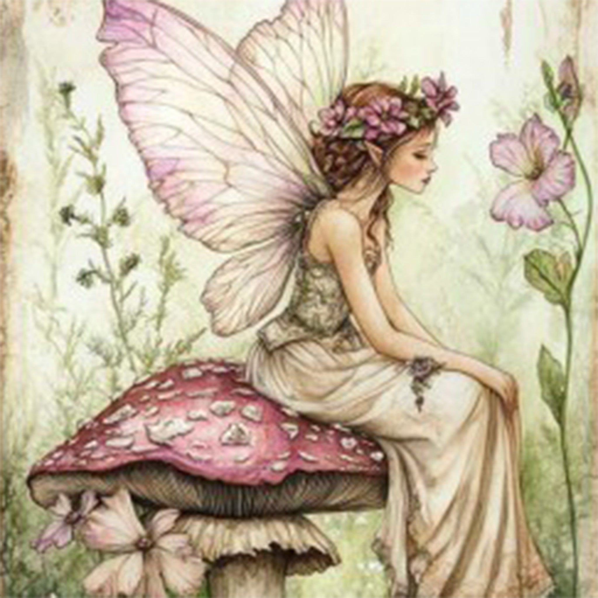 Close-up of 'Midsummer Fairy' decoupage paper by Paper Designs Italy, showing a gentle fairy with pink-tinted wings and a floral crown, seated on a red and white toadstool, gazing at a delicate bloom in a soft forest setting.