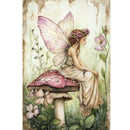 Fairy sitting on a mushroom in a garden setting with flowers and leaves.