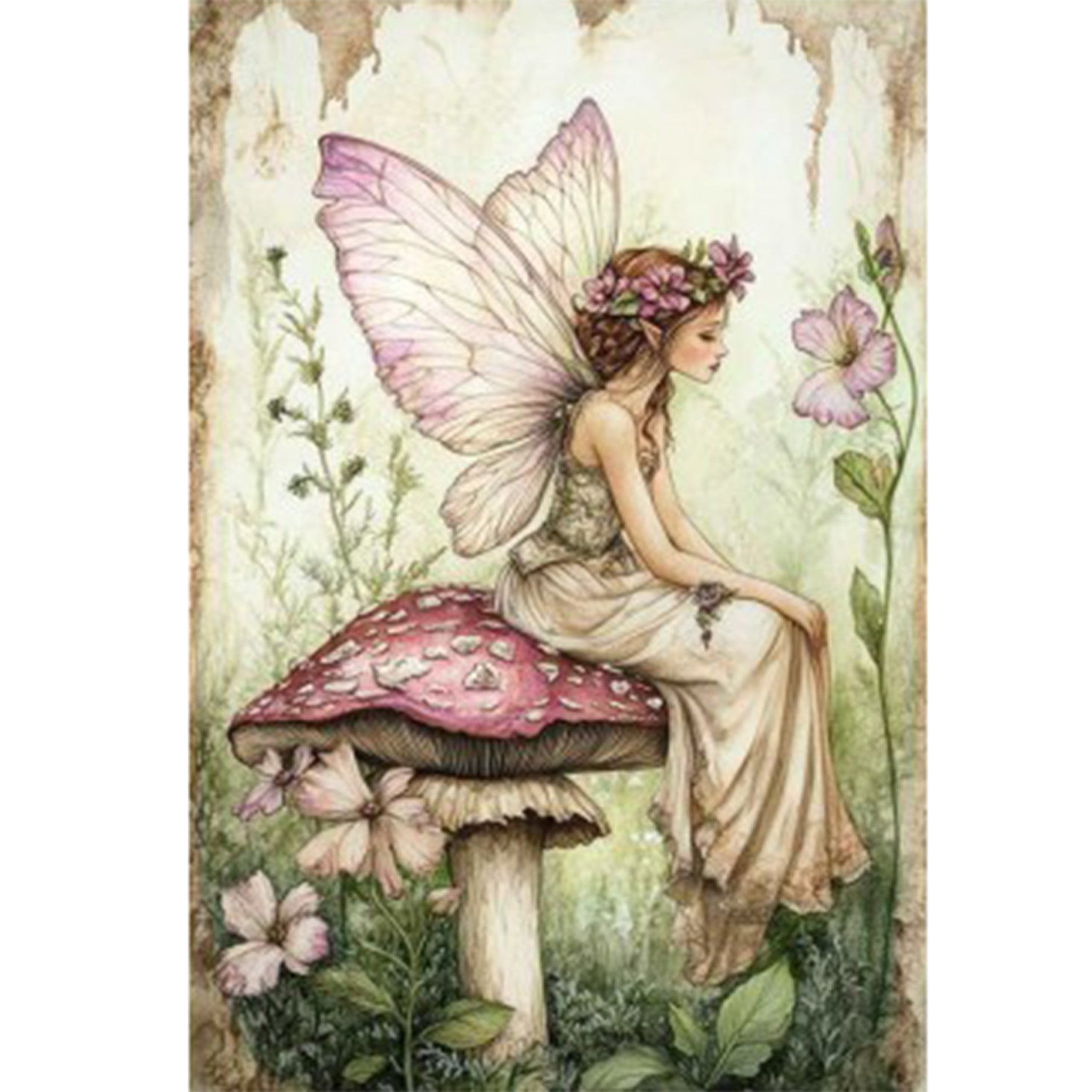 Full sheet of 'Midsummer Fairy' decoupage paper from Paper Designs Italy, featuring a serene woodland fairy in an ivory gown and floral crown, perched on a red-capped mushroom surrounded by tall flowers and lush greenery in a faded vintage background.