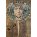 Rice paper featuring a woman’s face reflected inside an ornate gold hand mirror against a grungy brown background.