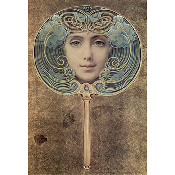 Rice paper featuring a woman’s face reflected inside an ornate gold hand mirror against a grungy brown background.