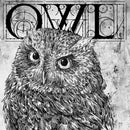 Close-up of a rice paper featuring a black and white image of an owl under ornate letters that spell OWL.