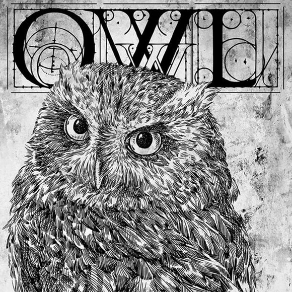 Close-up of a rice paper featuring a black and white image of an owl under ornate letters that spell OWL.